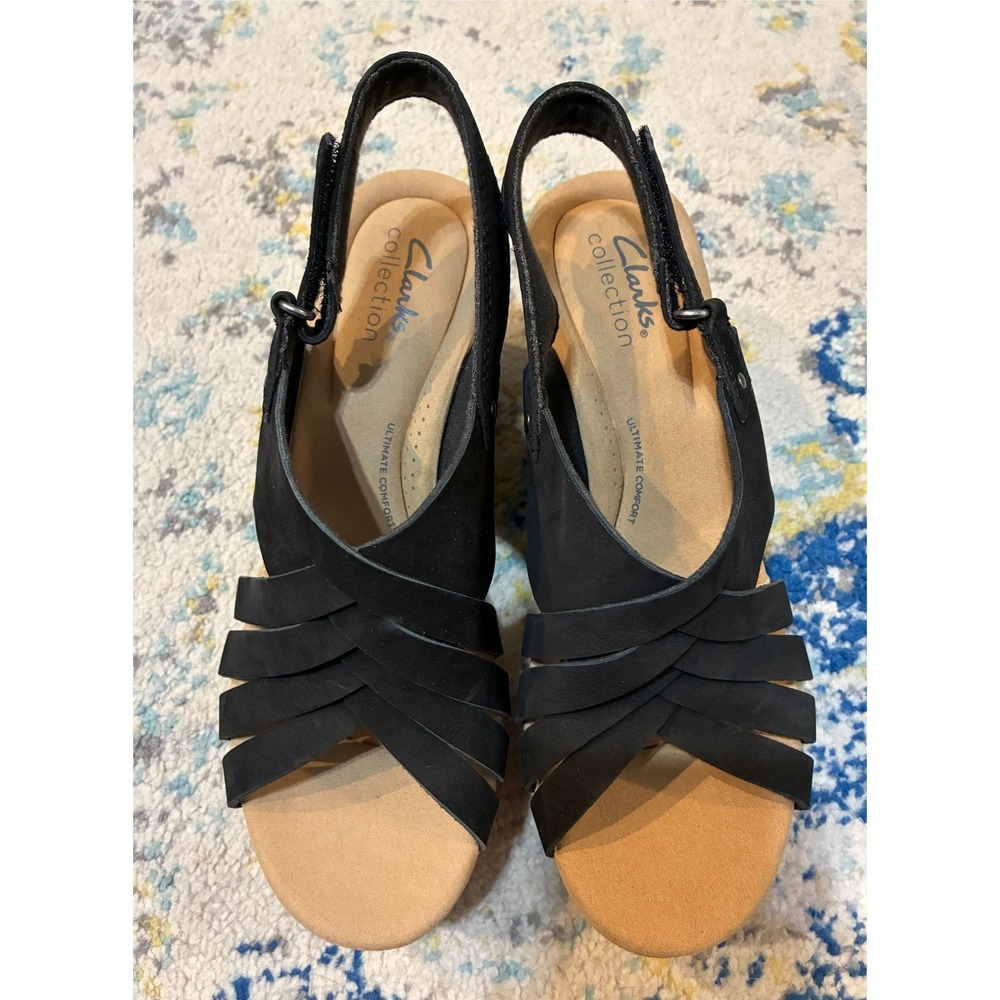 Clarks Collection Black Strappy Cork‎ Wedge Sandals New in Box Womens 8 M